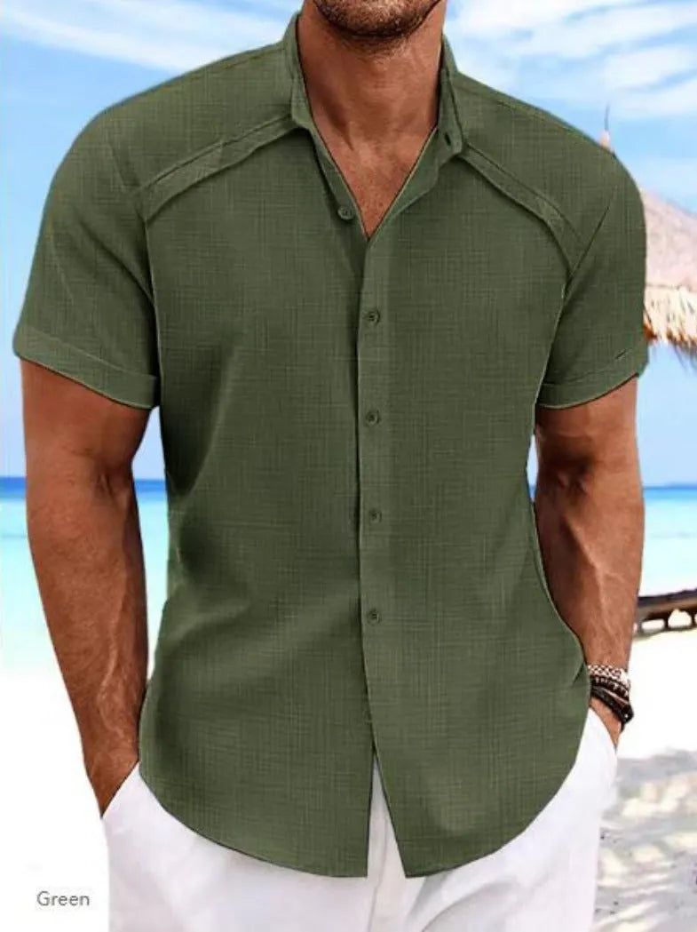 Hawaiian casual short sleeve shirt in solid colour cotton-polyester blend fabric