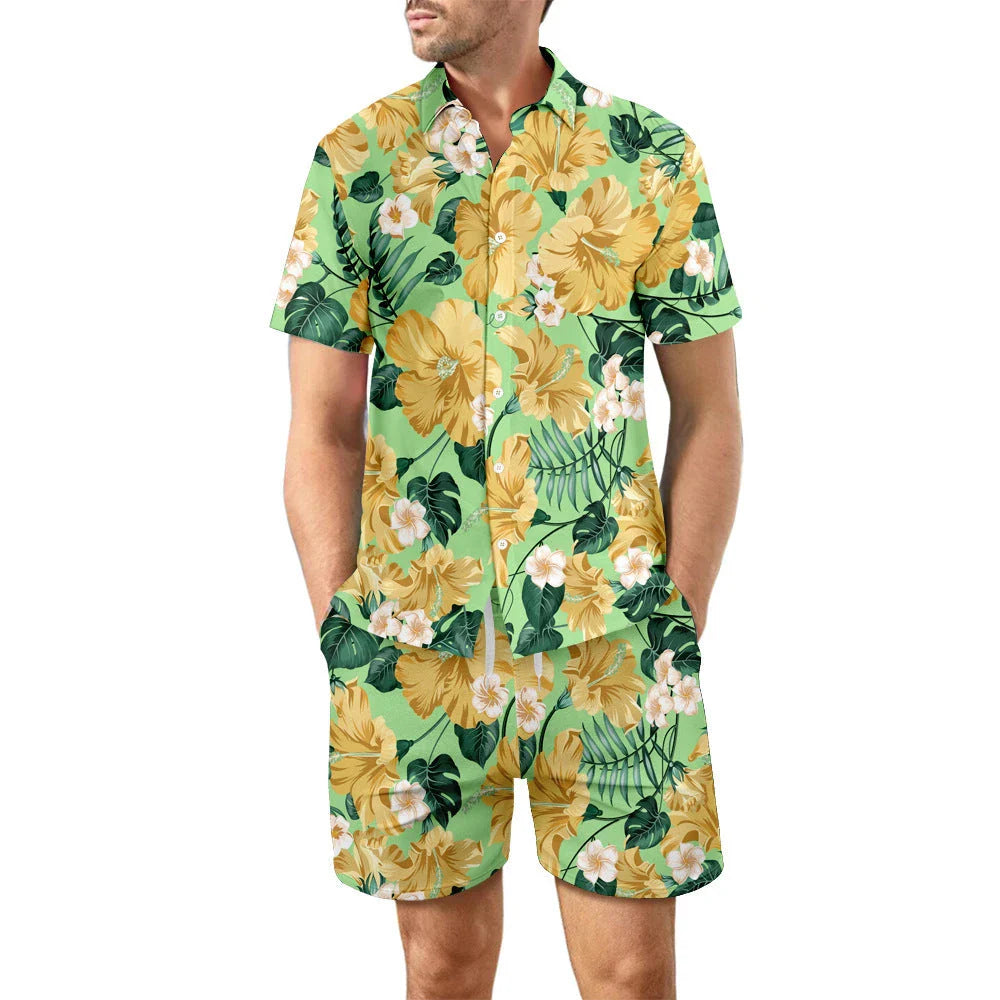 Stylish printed beach shirt and shorts set for men in various vibrant color designs