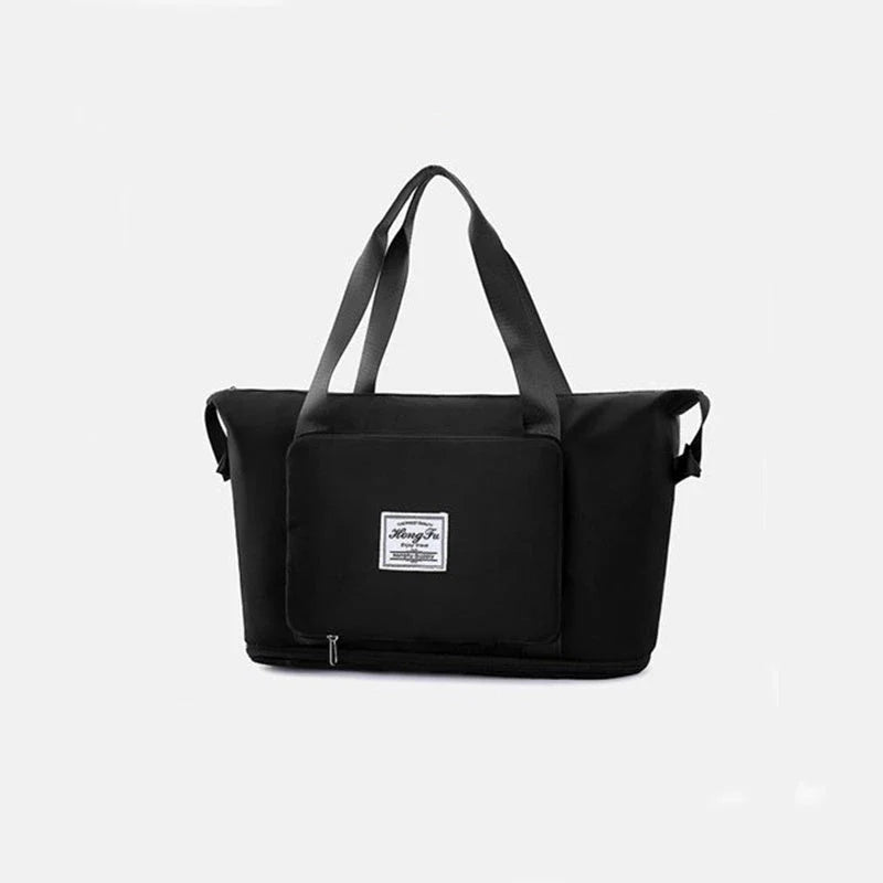Stylish and spacious foldable travel bag for women, featuring a water-resistant Oxford cloth construction, multiple pockets, and convenient carrying options.