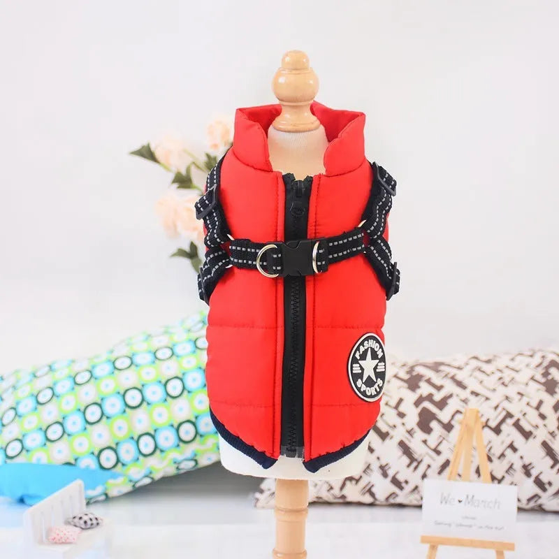 Red waterproof dog coat with built-in harness on a large dog, showing warm lining and sizing for winter.