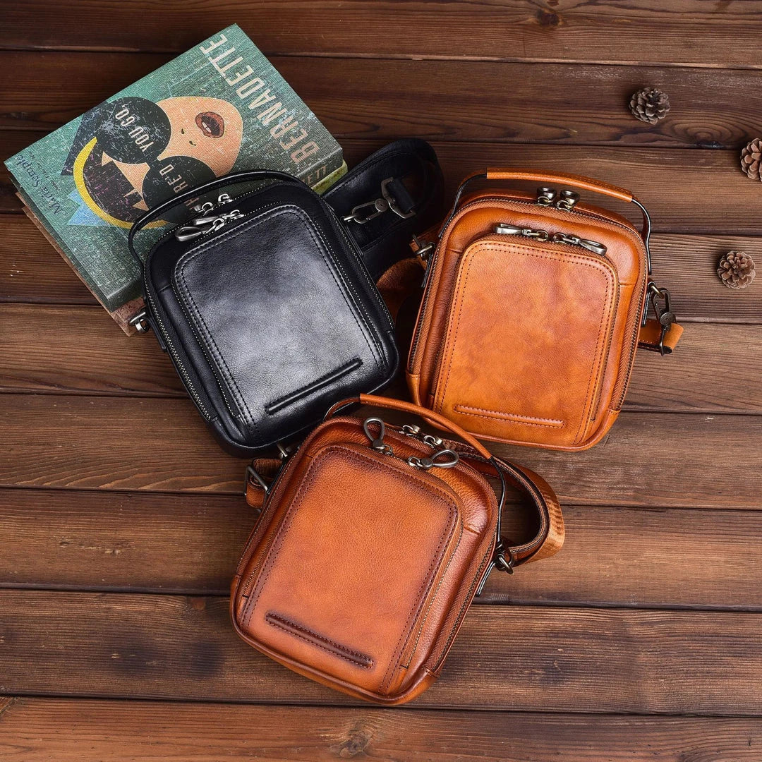Cowhide Retro Casual Men's Messenger Bag in black with a classic, stylish design