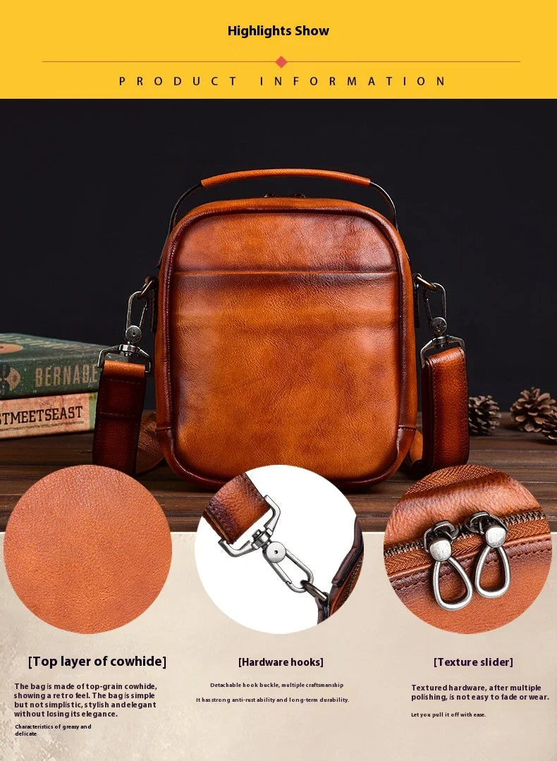 Cowhide Retro Casual Men's Messenger Bag in black with a classic, stylish design