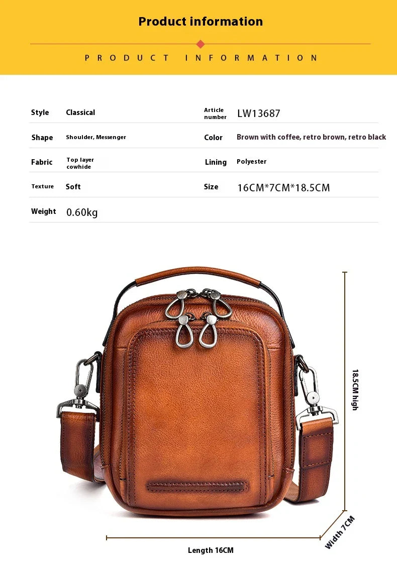 Cowhide Retro Casual Men's Messenger Bag in black with a classic, stylish design