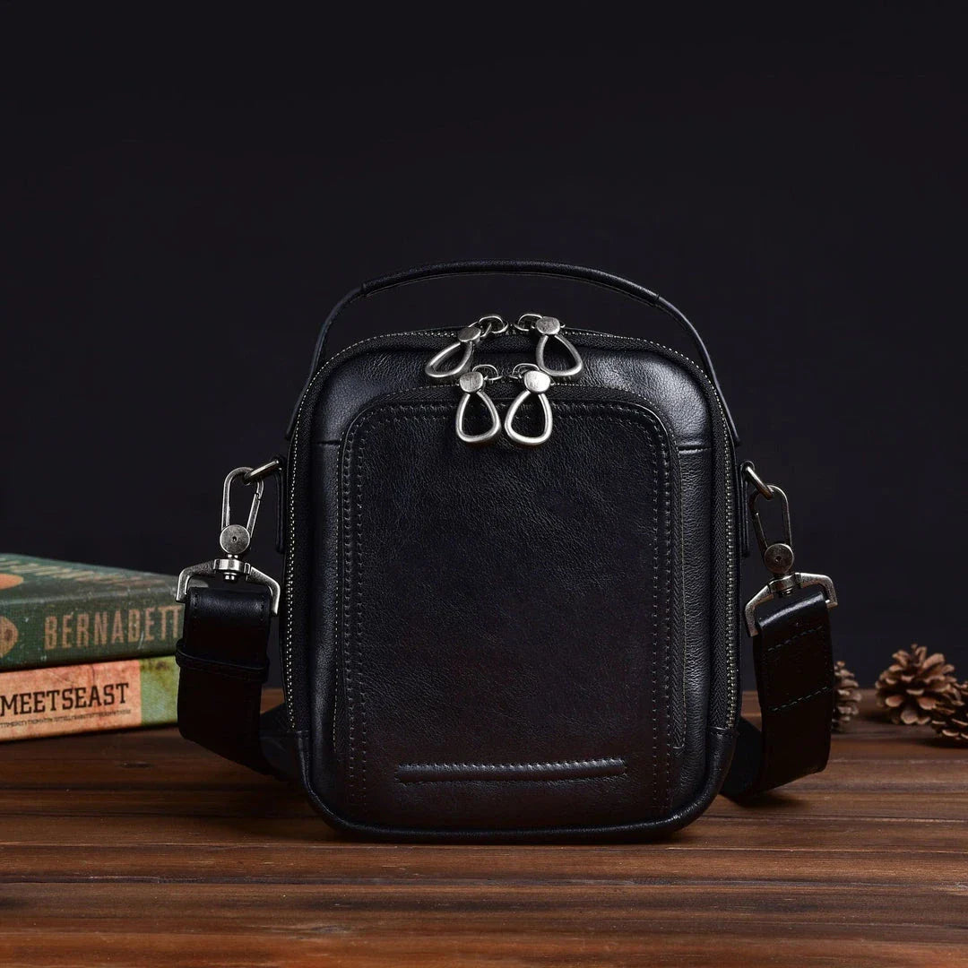 Cowhide Retro Casual Men's Messenger Bag in black with a classic, stylish design