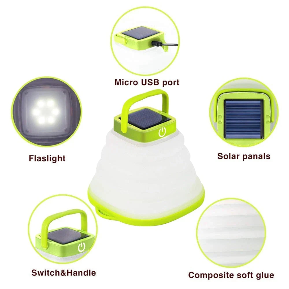 Compact and collapsible solar-powered camping lantern with adjustable brightness and IP68 waterproof rating