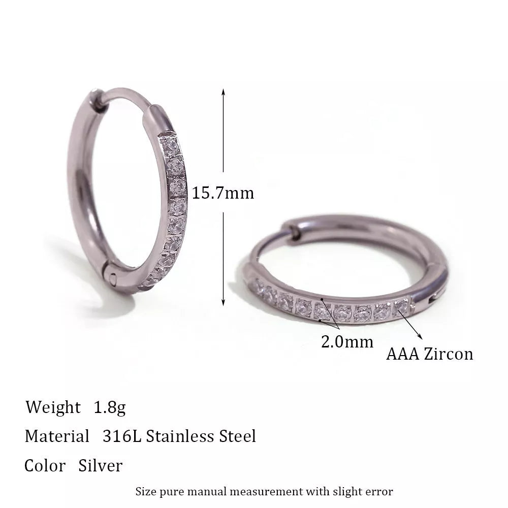 Women's titanium steel zircon earrings with electroplating, available in gold and steel finishes