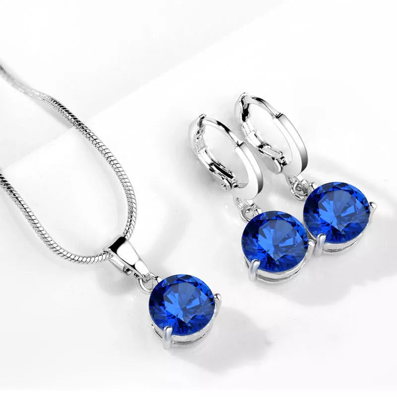 Zircon Water Drop Necklace and Earring Set with unique snake bone chain and mixed gem setting