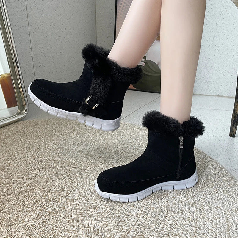 Plush ankle snow boots with buckle design and soft, warm lining for women in various color options