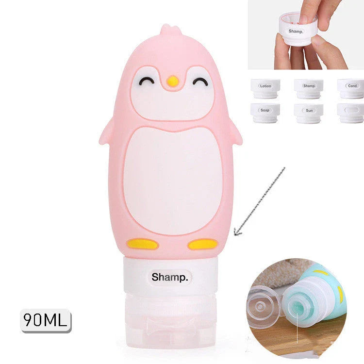 Portable animal-shaped silicone travel bottles for shampoo, shower gel, and lotion in various vibrant colors and designs