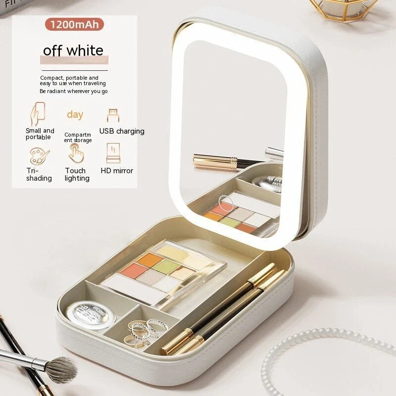 Elegant lighted makeup organizer with adjustable LED mirror, compact storage compartment, and touch-sensitive brightness control