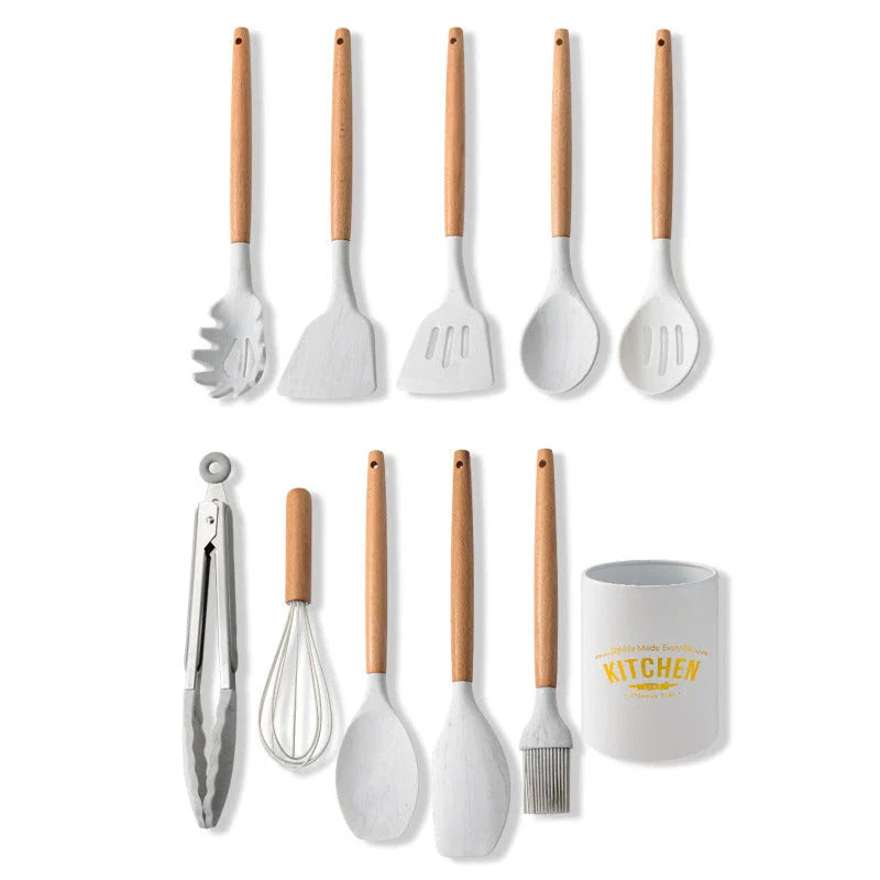 Premium silicone cooking tool set with elegant marbled wooden handles, designed for high-temperature cooking and baking tasks