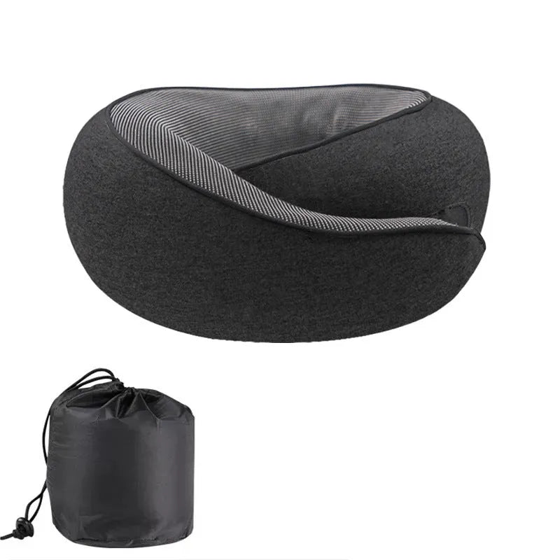 U-shaped memory foam neck pillow for travel shown with its storage bag.
