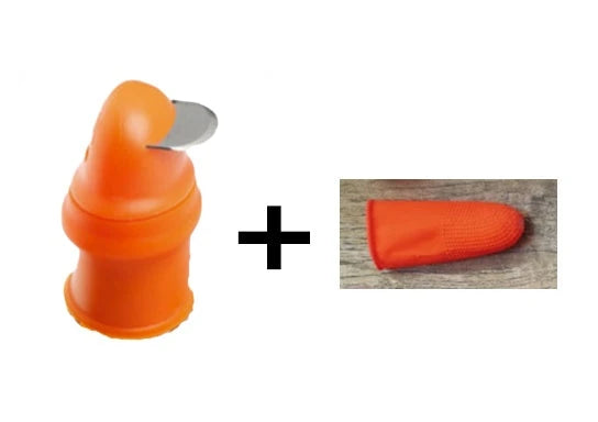 Silicone thumb protector with sharp curved blade for effortless vegetable, fruit, and crop harvesting in the garden or farm
