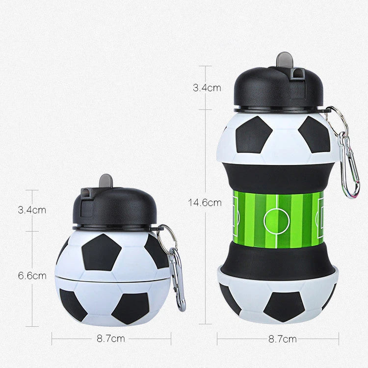Collapsible football-shaped silicone water bottle with straw, featuring a foldable and leak-proof design for sports and travel