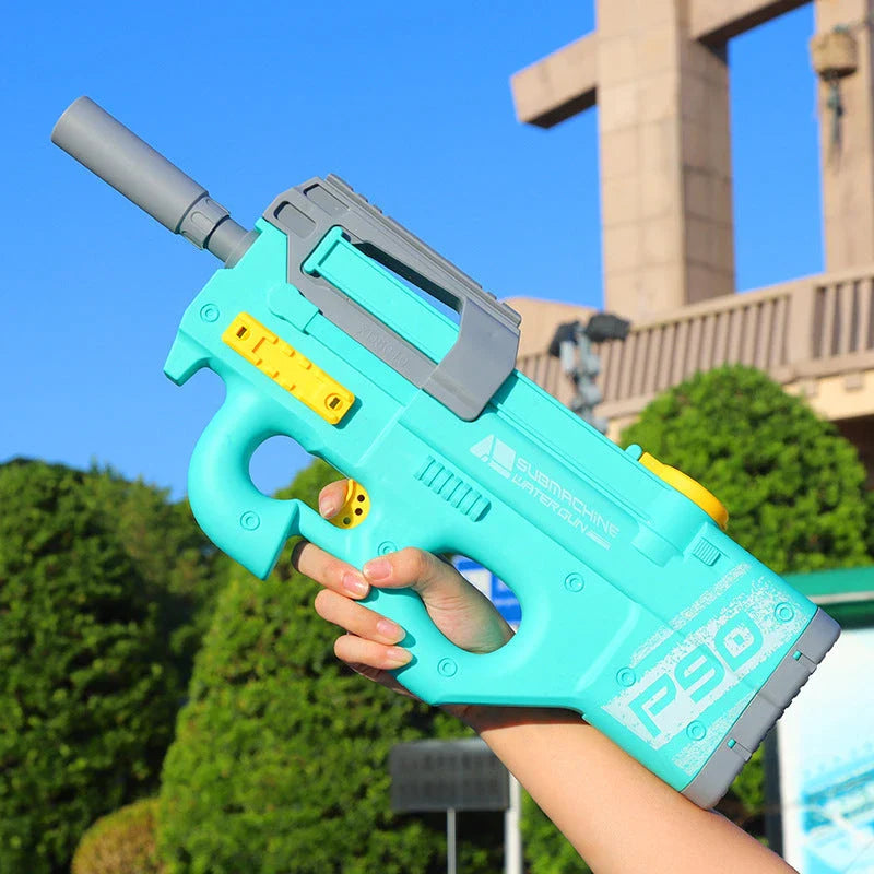 High-powered P90 electric water gun with long range and large capacity for outdoor summer fun