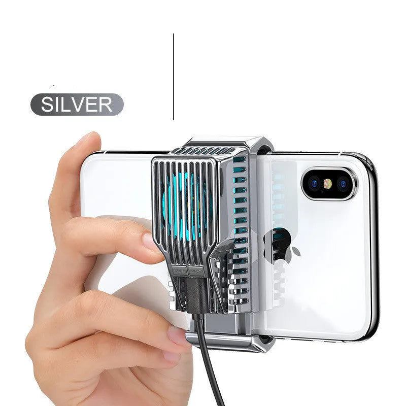 Black mobile phone radiator clip with ceramic cooling plate and aluminium alloy frame on a smartphone.