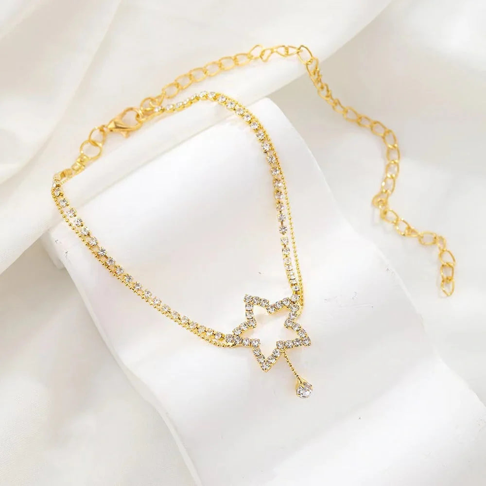 Elegant Rhinestone Star & Heart Anklet for Women in gold and silver