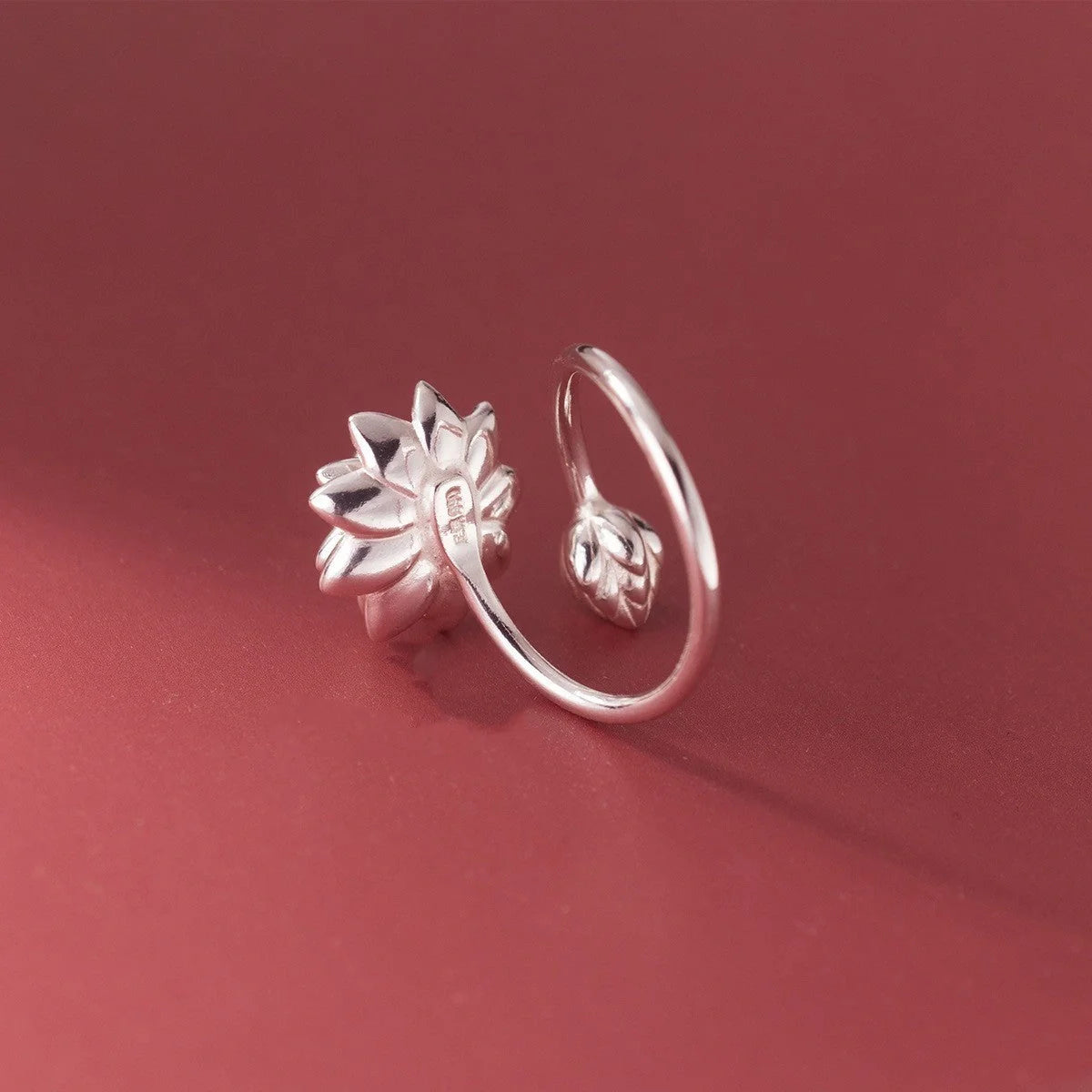 Adjustable silver lotus ring with Chinese elegance and electroplated finish