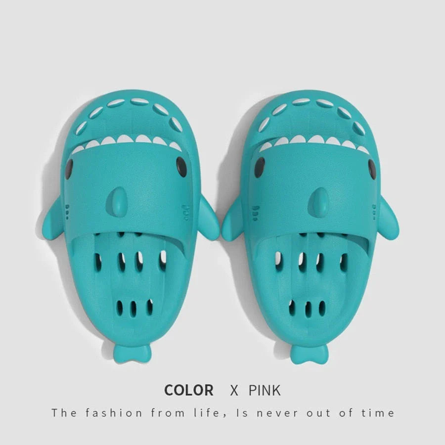 Stylish shark-themed shower slides with drainage holes and non-slip soles, made of lightweight and quick-drying EVA material