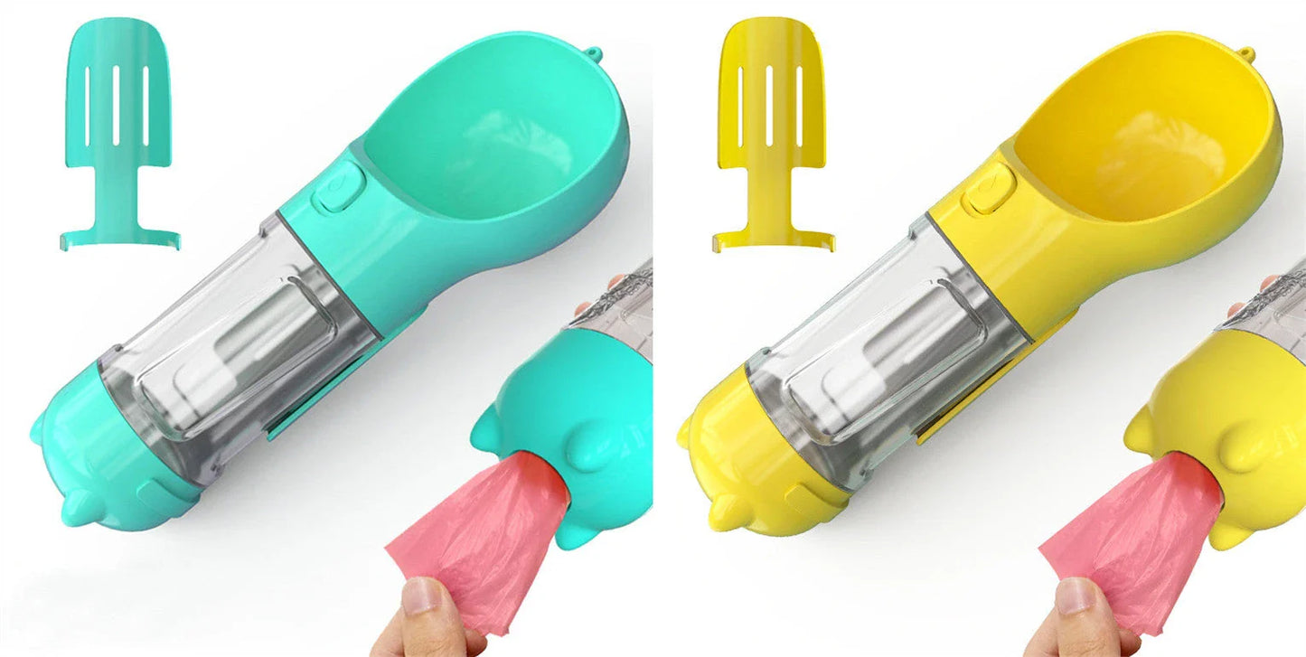 Multipurpose Pet Water Bottle with Feeding Bowl and Waste Bag Storage - Durable, Portable, and Convenient