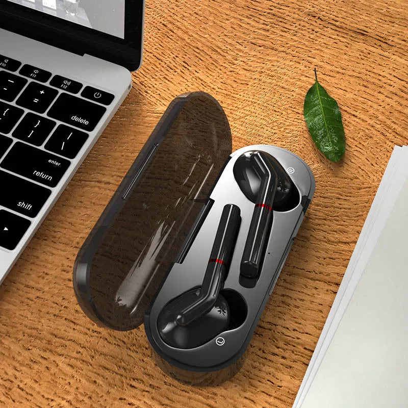 VV1 black and white Bluetooth wireless earphones with charging case showing in-ear design