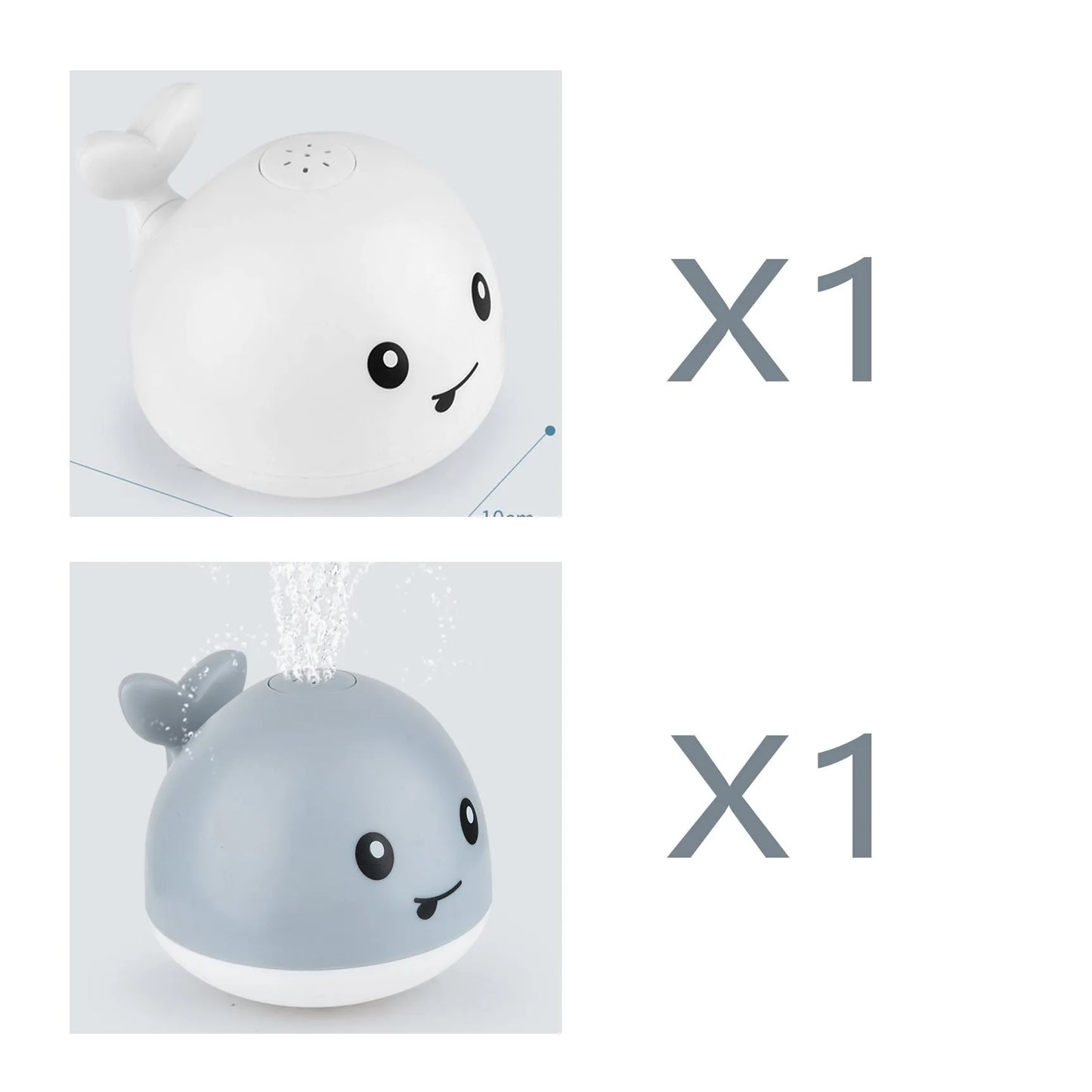 Grey or white electric whale bath toy spraying water with LED lights on a base.