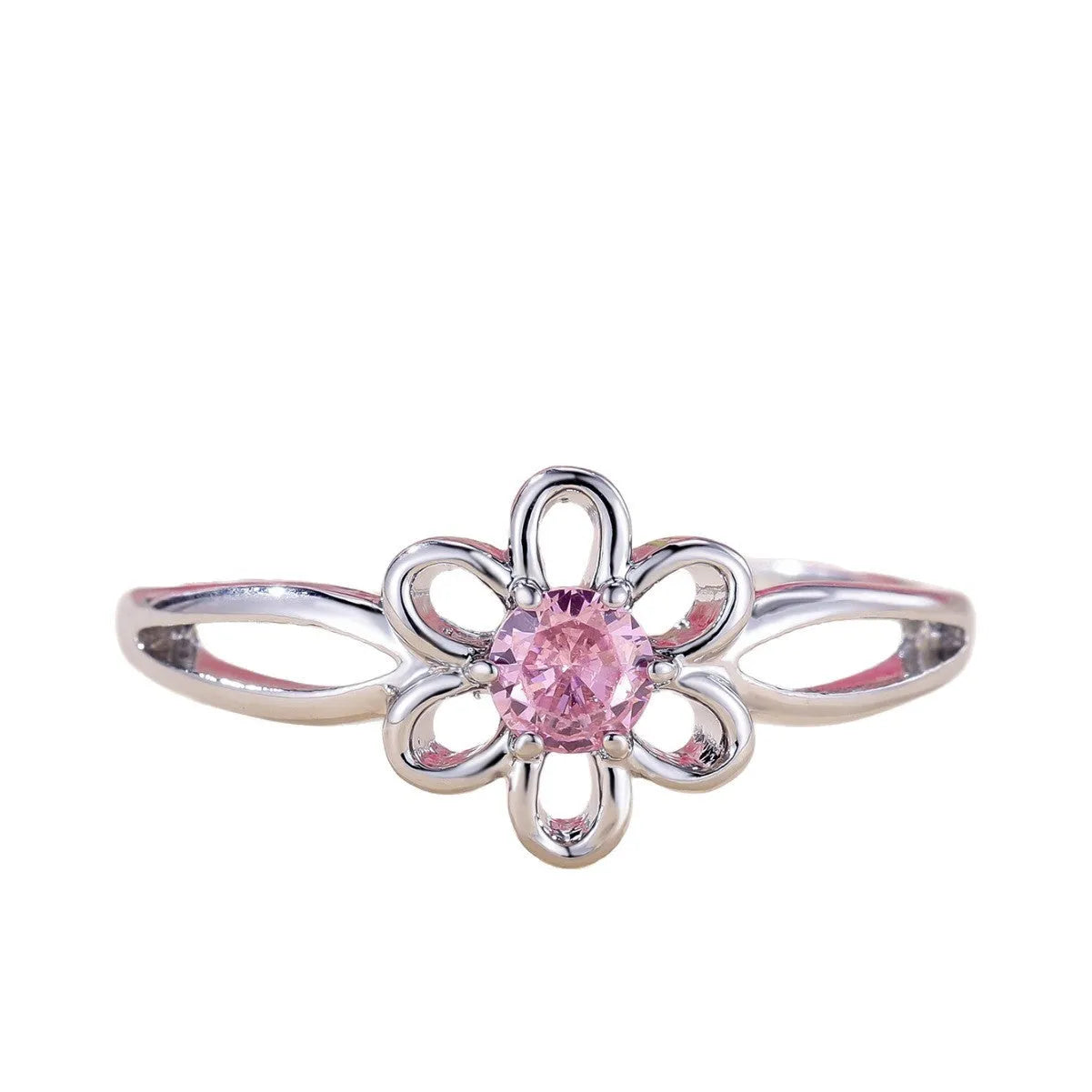 Women's flower hollow ring in pink diamond colour with floral design on copper band