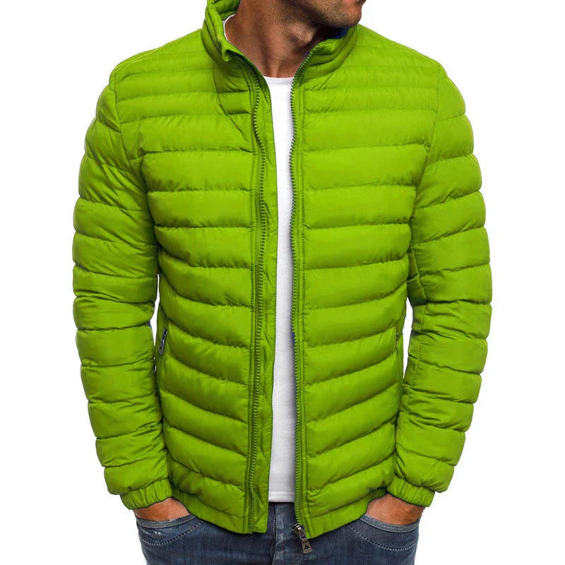 Men's insulated jacket in various solid colors with zipper closure, long sleeves, and pockets