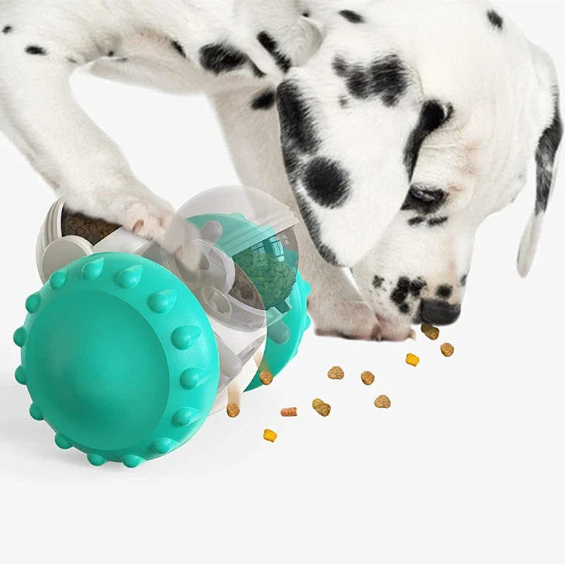 Interactive puzzle slow feeder toy for dogs and cats, with a rolling tumbler design that encourages active and entertaining feeding