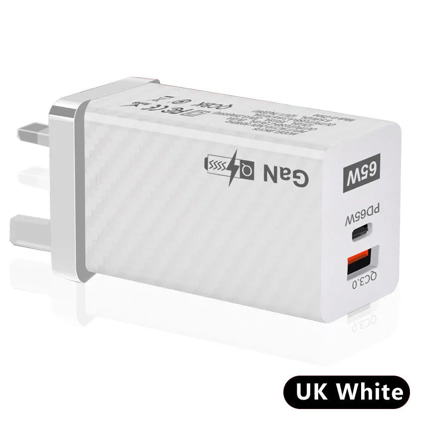 Compact white 65W Gallium Nitride USB-PD laptop charger with plug