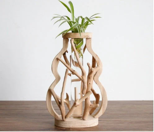 Handcrafted wooden vase with glass container for hydroponic floral displays and home decor