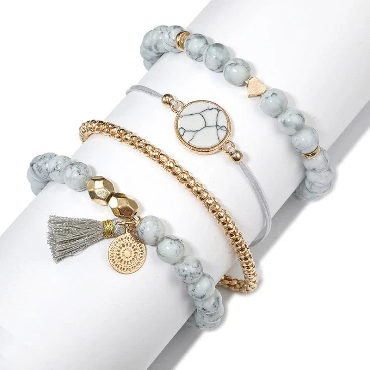 Elegant geometric stone bracelet set with fringed design, perfect fashion accessory for women