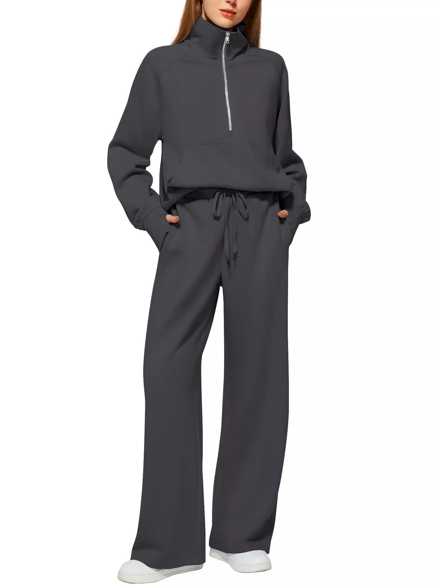 Women's solid colour long-sleeved sweater trousers suit in polyester, available in multiple colours and sizes.