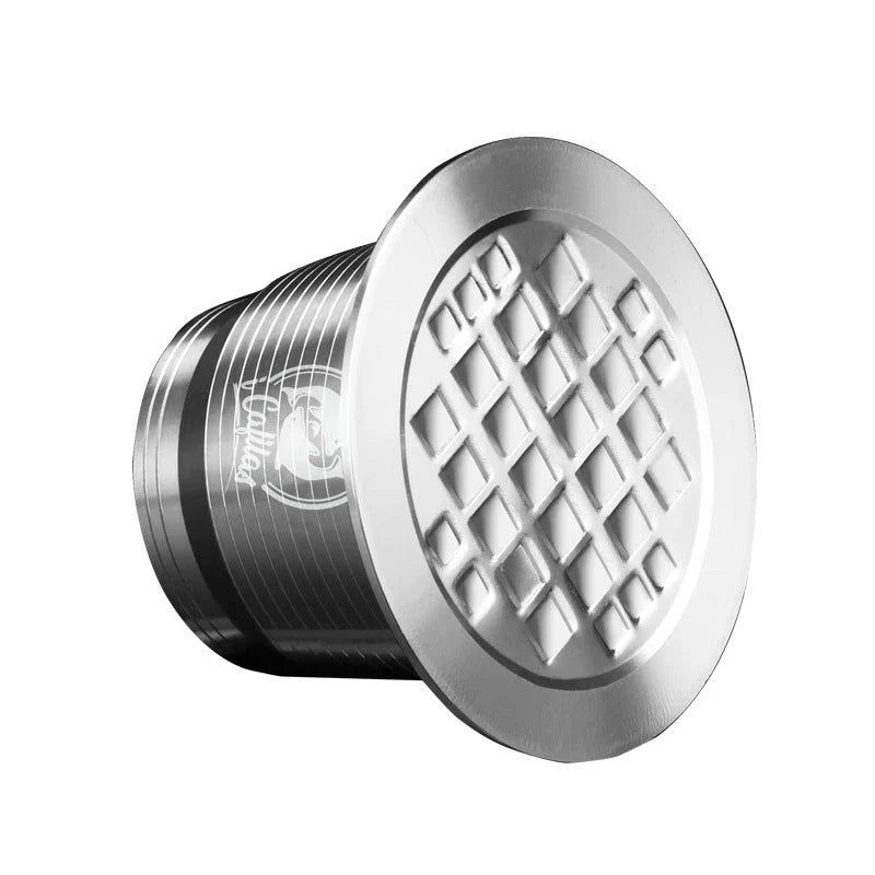 Premium stainless steel coffee capsule shells with a sleek square design, perfect for home, office, and cafe use.
