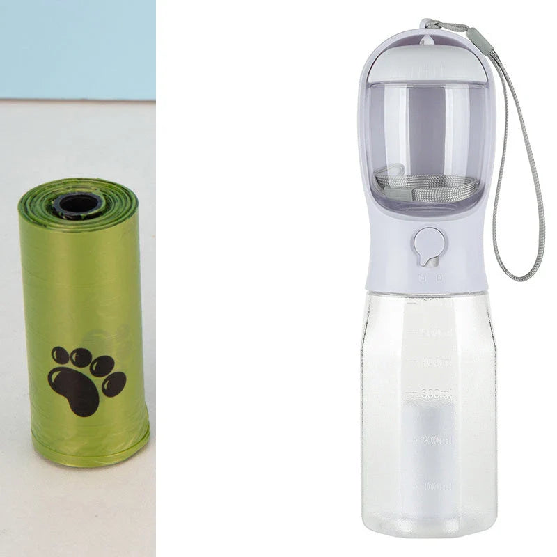 Multifunctional pet water bottle with built-in poop bag dispenser, available in turquoise, pink, and white colors