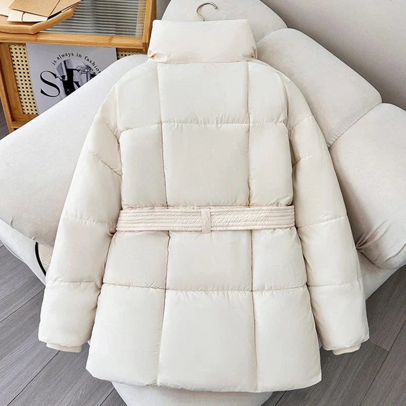 Stylish plaid belted winter coat for women in black, white, and brown