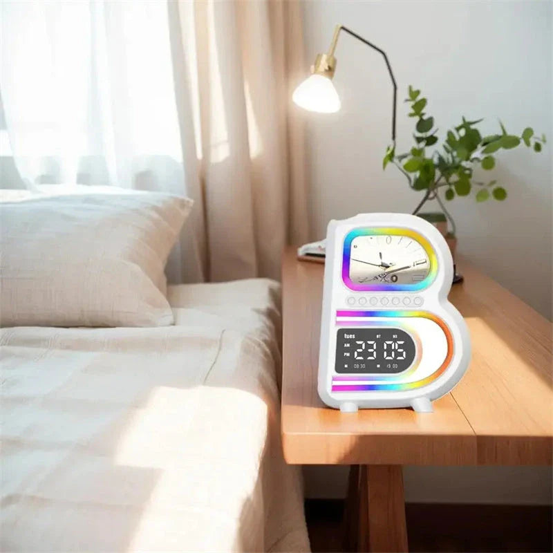 Multifunctional B-shaped Bluetooth speaker lamp with wireless charging, adjustable lighting, and alarm clock features