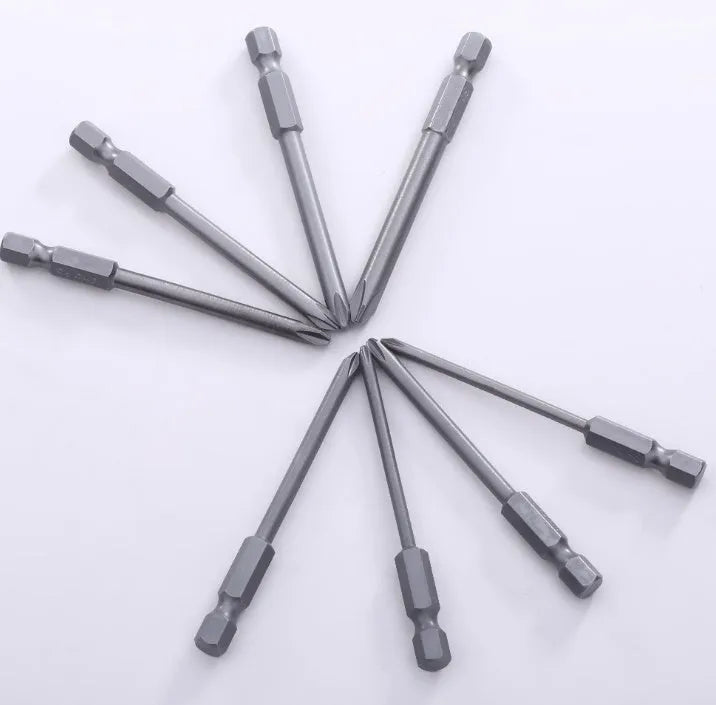 Set of eight long silver magnetic Phillips screwdriver bits with a 1/4 inch hex shank.