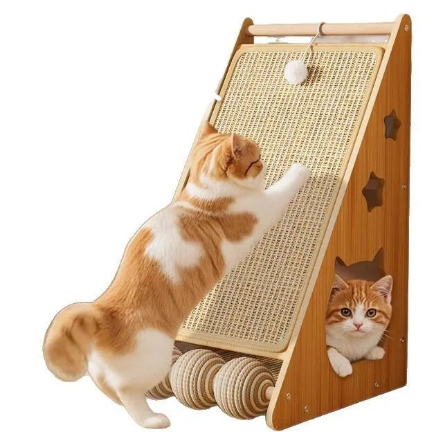 Vertical wall-mounted cat scratch board with sisal surface and hemp rope-covered teasing ball