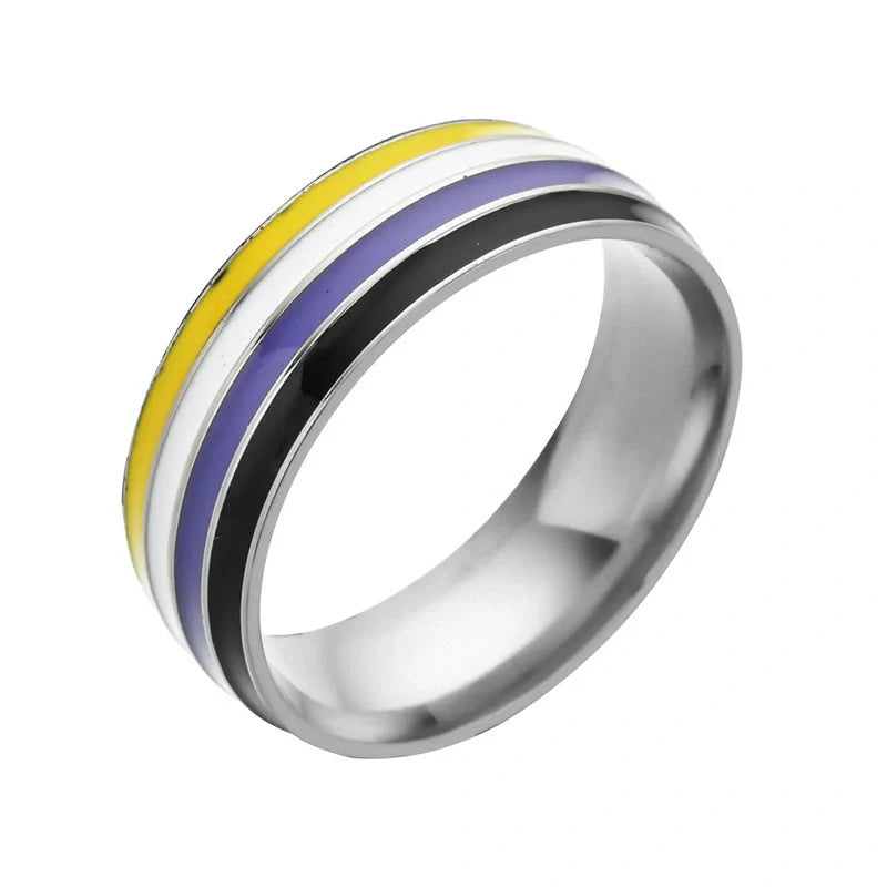 Bisexual pride stainless steel ring in geometric design, available in multiple styles and sizes