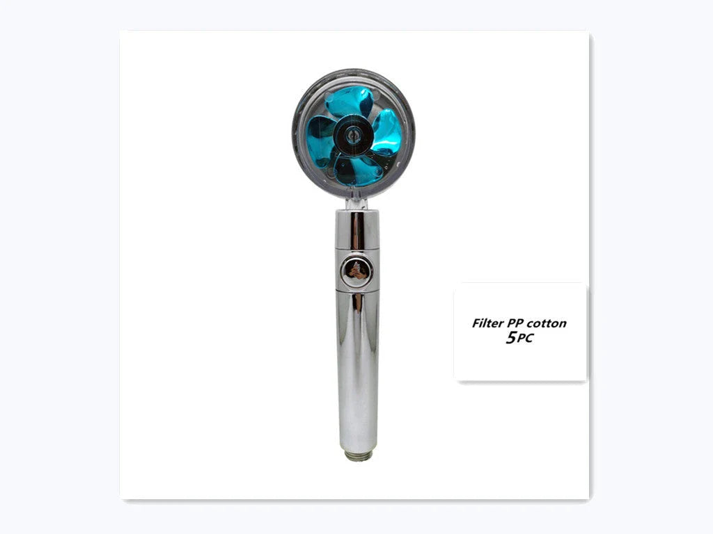 A high-pressure handheld shower head with a turbo-charged water flow and a cotton filter for a luxurious, spa-like bathing experience.