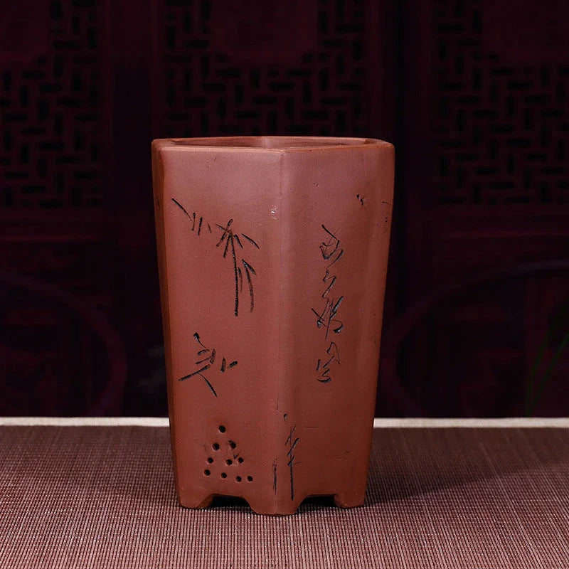 Purple hexagonal ceramic succulent plant desktop pot with intricate floral design