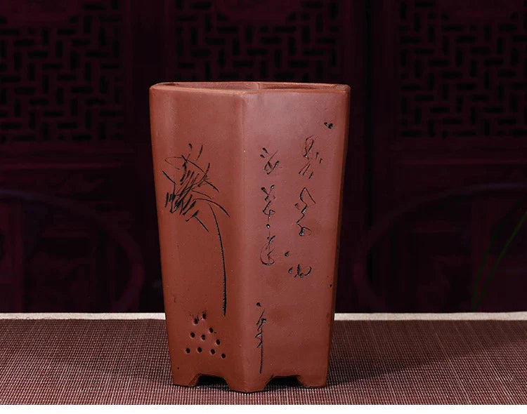 Purple hexagonal ceramic succulent plant desktop pot with intricate floral design