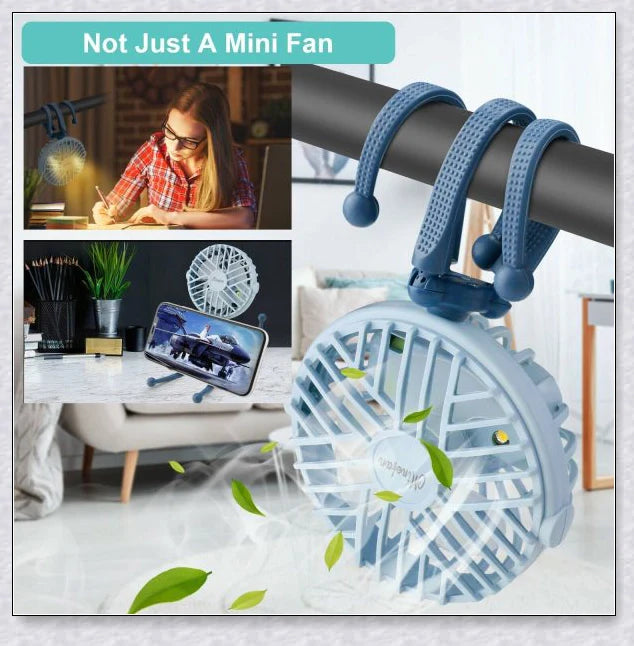 A rechargeable stroller fan with a flexible tripod and adjustable airflow settings, perfect for keeping babies cool during summer outings.