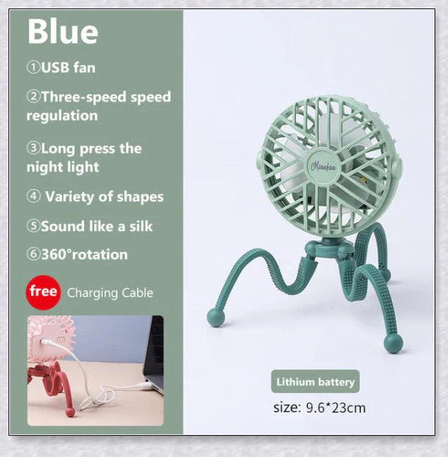 A rechargeable stroller fan with a flexible tripod and adjustable airflow settings, perfect for keeping babies cool during summer outings.