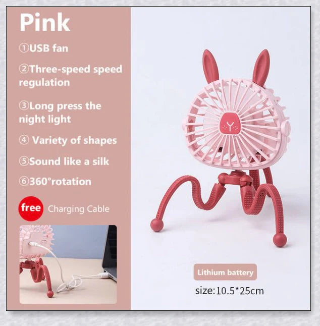 A rechargeable stroller fan with a flexible tripod and adjustable airflow settings, perfect for keeping babies cool during summer outings.