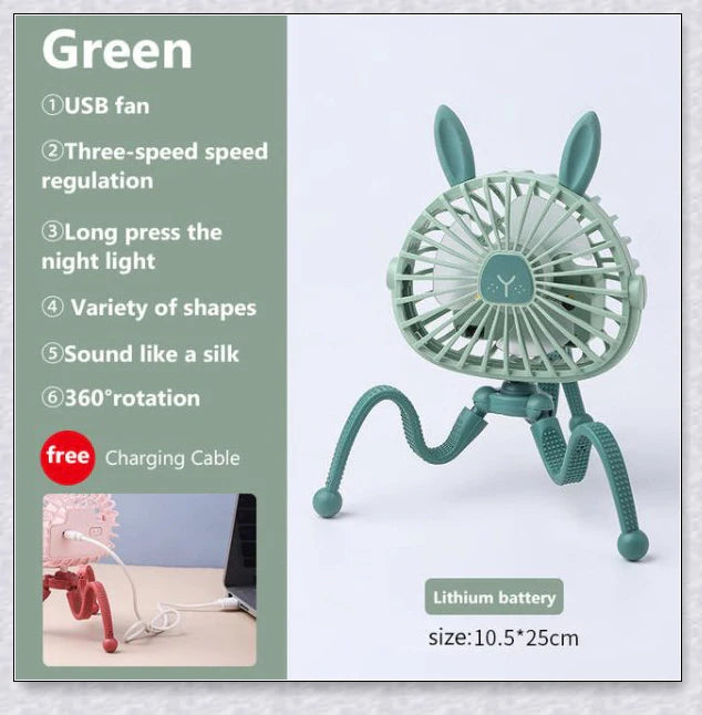 A rechargeable stroller fan with a flexible tripod and adjustable airflow settings, perfect for keeping babies cool during summer outings.