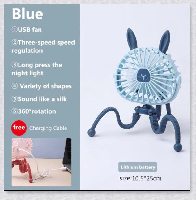 A rechargeable stroller fan with a flexible tripod and adjustable airflow settings, perfect for keeping babies cool during summer outings.