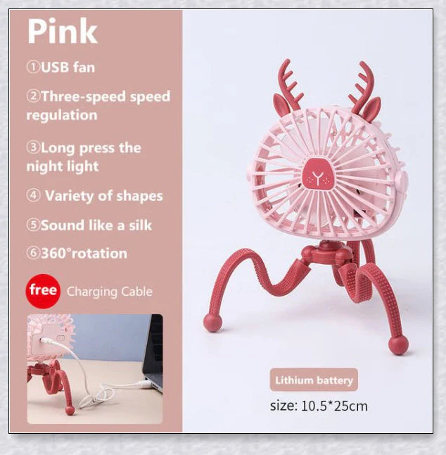 A rechargeable stroller fan with a flexible tripod and adjustable airflow settings, perfect for keeping babies cool during summer outings.