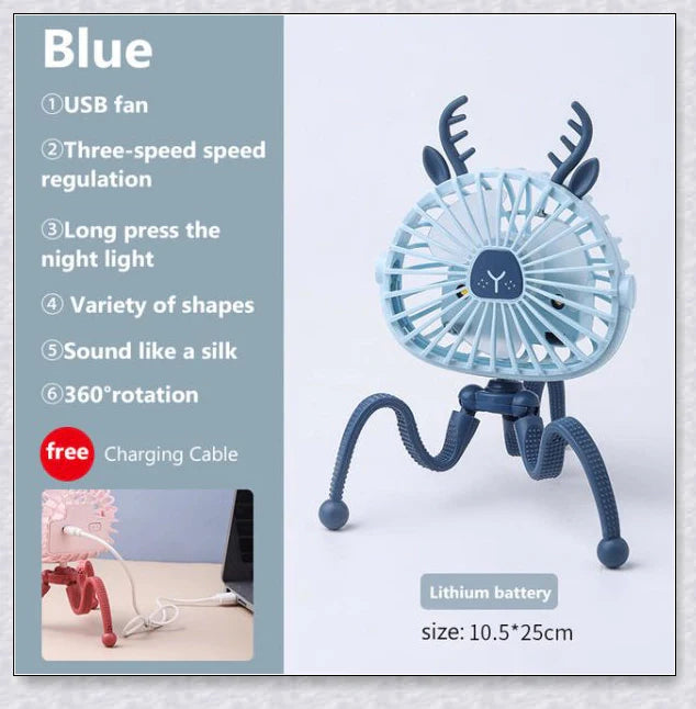 A rechargeable stroller fan with a flexible tripod and adjustable airflow settings, perfect for keeping babies cool during summer outings.